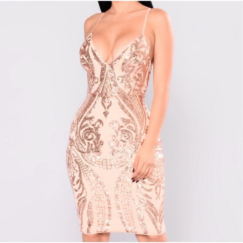Fashion Nova Glow On Sequin Mini Dress  Rose Gold Sheer Lined Sz L See Descripti
